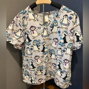 Penguin Print V-Neck Scrub Top